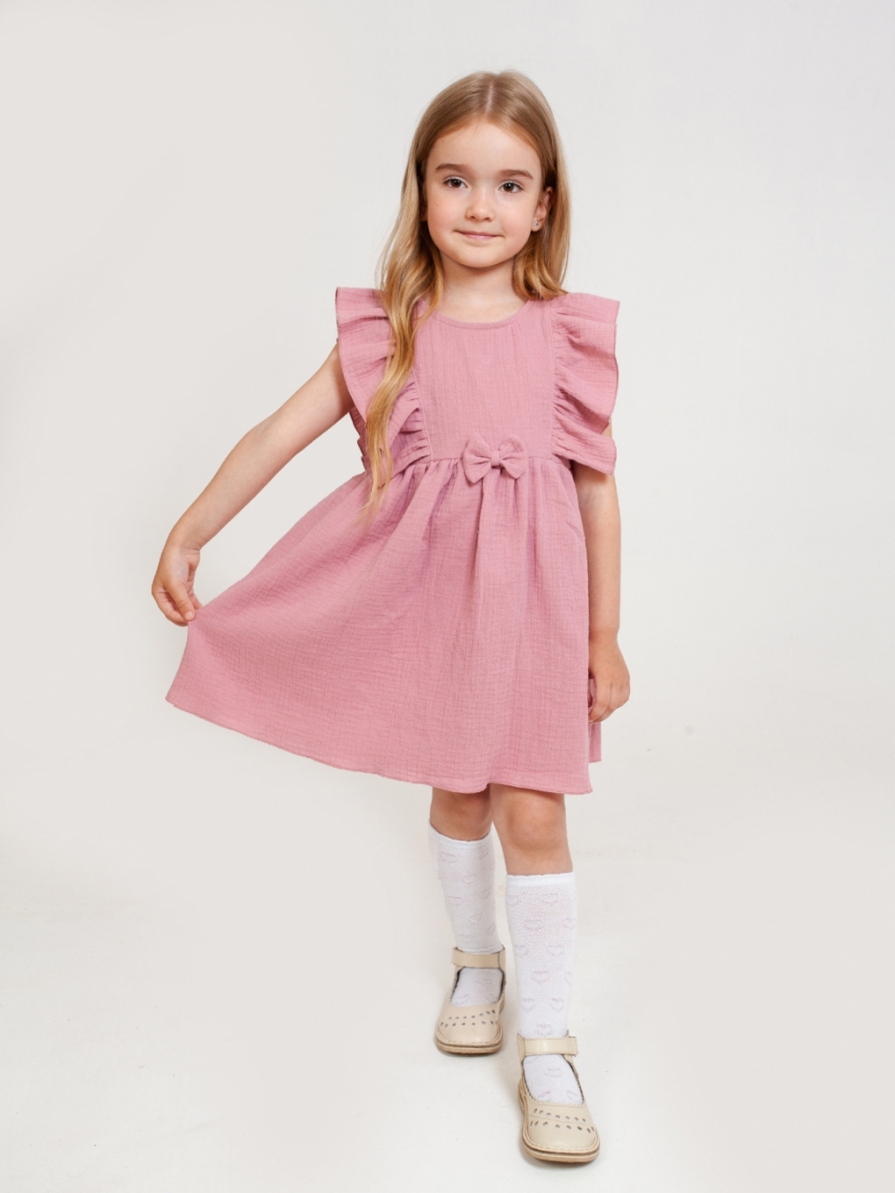 322-ПУ. Платье из муслина детское, хлопок 100% пудра, р. 98,104,110,116